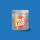 Transparent plastic jar with a white screw-on lid and a customised circular label featuring the text Your Logo in bold white letters on an orange and pink gradient background, placed against a solid blue backdrop.