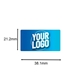 Custom rectangular label measuring 38.1mm x 21.2mm with a blue gradient background and bold white Your Logo text. The dimensions are clearly marked with arrows, highlighting its compact size, ideal for branding, packaging, or product labelling.