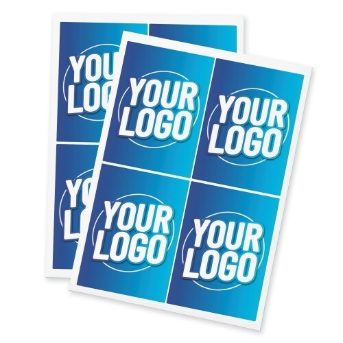 Two sheets of rectangular custom labels, each featuring a blue gradient background with a placeholder for a logo. The labels are evenly spaced on white backing paper, making them ideal for personalised branding on packaging, bottles, jars, or products. Perfect for businesses or individuals looking for professional, customised stickers for branding or organisation.
