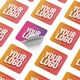 A sheet of personalised square stickers with a gradient background and placeholder text for a custom logo. One sticker is partially peeled to reveal its adhesive backing. Ideal for branding, packaging, or promotional use.