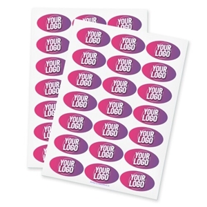 Two sheets of personalised 60mm x 34mm rectangle  stickers featuring a custom logo design in pink and purple. Each sheet contains multiple labels, ideal for branding, packaging, or promotional use. Printed on high-quality adhesive vinyl