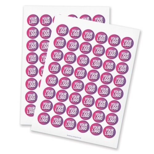 Two sheets of personalised 30mm round stickers featuring a custom logo design in pink and purple. Each sheet contains multiple labels, ideal for branding, packaging, or promotional use. Printed on high-quality adhesive paper.