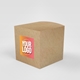 Small kraft cube box featuring a square custom sticker with bold text in pink, white, and yellow on a kraft background. Suitable for personalised branding and eco-friendly packaging.