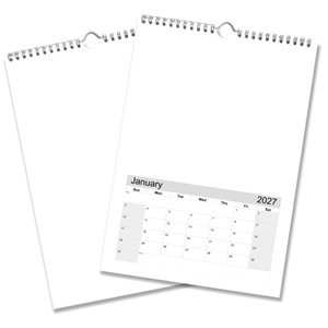 Blank A4 2027 wall calendar shown open and closed, ready to personalise with drawings, paintings or photos.