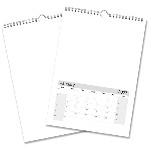 Blank A4 2027 wall calendar shown open and closed, ready to personalise with drawings, paintings or photos.