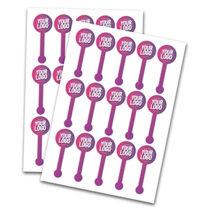 Two A4 sheets of purple lollipop seal stickers printed with ‘Your Logo’.