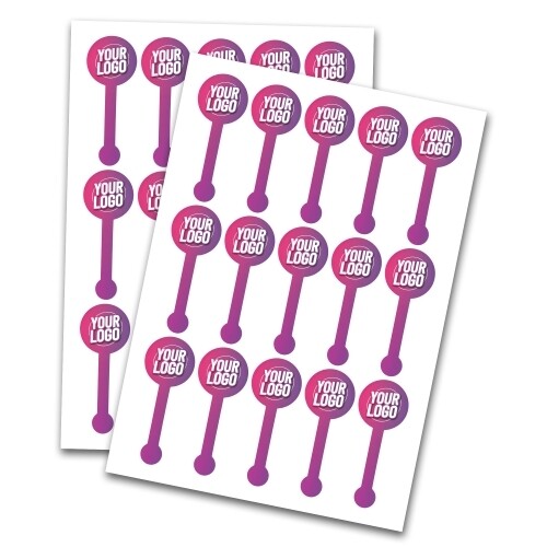 Two A4 sheets of purple lollipop seal stickers printed with ‘Your Logo’.