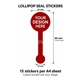 Lollipop seal sticker dimensions: 35 mm top circle, 8 mm stem, 15 mm bottom circle and 90 mm overall length, with 15 stickers per A4 sheet.