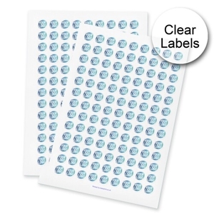 Two sheets of clear circle labels featuring a custom blue and white logo, arranged neatly for easy peeling and application. The labels are ideal for personalised branding or product packaging.