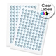 Two sheets of clear circle labels featuring a custom blue and white logo, arranged neatly for easy peeling and application. The labels are ideal for personalised branding or product packaging.