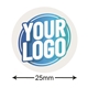 Clear 25mm circle label sticker with a blue and white custom logo, displayed against a white background with arrows indicating the diameter measurement. Perfect for personalised branding needs.