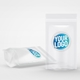 Two transparent resealable pouches, one standing upright and the other lying flat, each featuring a custom blue and white logo on a clear circle label. Ideal for personalised packaging of food or small item