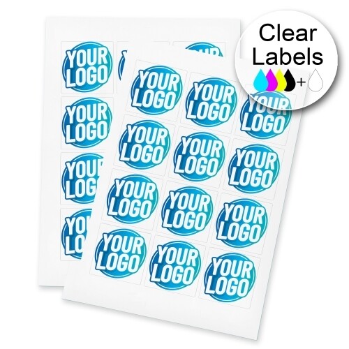 Two sheets of clear Square labels featuring a custom blue and white logo, arranged neatly for easy peeling and application. The labels are ideal for personalised branding or product packaging.