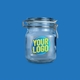 Clear glass jar with a metal clip lid, featuring a personalised circular logo in yellow and blue on the front. Perfect for customised branding or storage solutions.