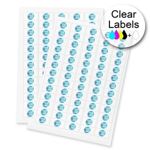 Two sheets of clear Rectangle labels featuring a custom blue and white logo, arranged neatly for easy peeling and application. The labels are ideal for personalised branding or product packaging.