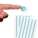 Transparent custom rectangle label sticker with a blue and white logo, shown on a fingertip, alongside two sheets filled with multiple identical stickers. Ideal for personalised branding or product labelling.