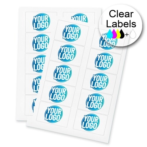 Two sheets of clear Rectangle labels featuring a custom blue and white logo, arranged neatly for easy peeling and application. The labels are ideal for personalised branding or product packaging.