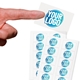 Transparent custom rectangle label sticker with a blue and white logo, shown on a fingertip, alongside two sheets filled with multiple identical stickers. Ideal for personalised branding or product labelling