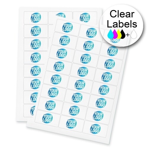 Two sheets of clear Rectangle labels featuring a custom blue and white logo, arranged neatly for easy peeling and application. The labels are ideal for personalised branding or product packaging.