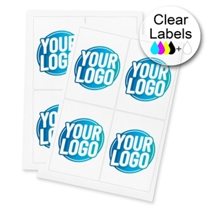 Two sheets of clear Rectangle labels featuring a custom blue and white logo, arranged neatly for easy peeling and application. The labels are ideal for personalised branding or product packaging.