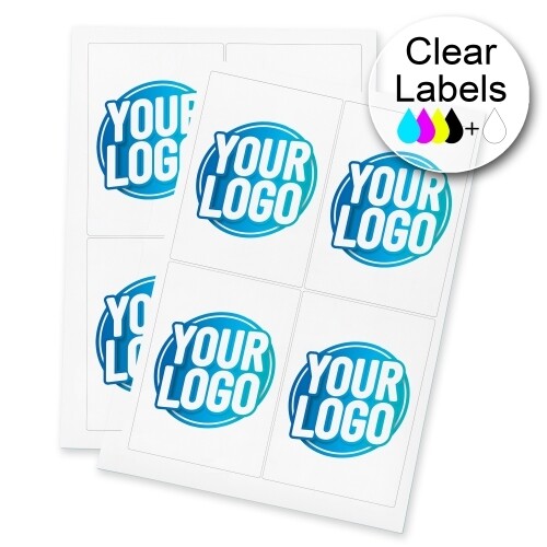 Two sheets of clear Rectangle labels featuring a custom blue and white logo, arranged neatly for easy peeling and application. The labels are ideal for personalised branding or product packaging.