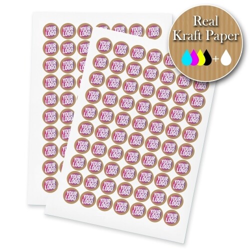 Two sheets of kraft circle label stickers with a custom pink and white logo, made from real kraft paper. The sheets display multiple eco-friendly labels, ideal for personalised branding or packaging.