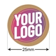 25mm kraft circle label sticker with a custom pink and white logo on a natural brown, textured background. Arrows indicate the diameter, making it ideal for personalised eco-friendly branding.