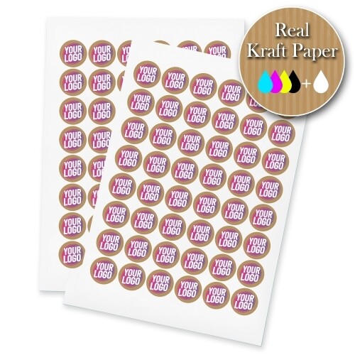 Two sheets of kraft circle label stickers with a custom pink and white logo, made from real kraft paper. The sheets display multiple eco-friendly labels, ideal for personalised branding or packaging.