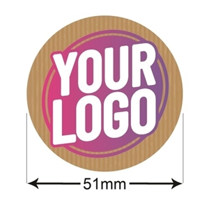 51mm kraft circle label sticker with a custom pink and white logo on a natural brown, textured background. Arrows indicate the diameter, making it ideal for personalised eco-friendly branding