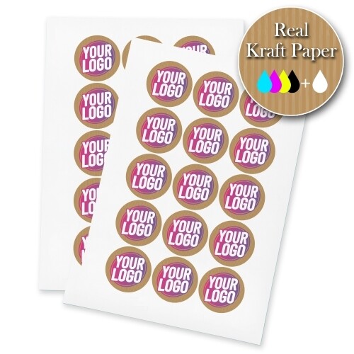 Two sheets of kraft circle label stickers with a custom pink and white logo, made from real kraft paper. The sheets display multiple eco-friendly labels, ideal for personalised branding or packaging.