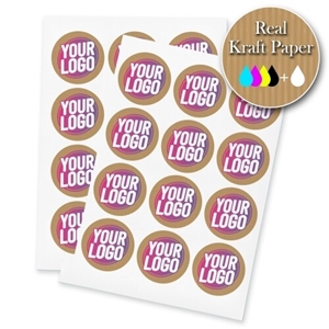 Two sheets of kraft circle label stickers with a custom pink and white logo, made from real kraft paper. The sheets display multiple eco-friendly labels, ideal for personalised branding or packaging.