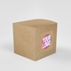 Small kraft cube box featuring a square custom sticker with bold text in pink, white, and yellow on a kraft background. Suitable for personalised branding and eco-friendly packaging.