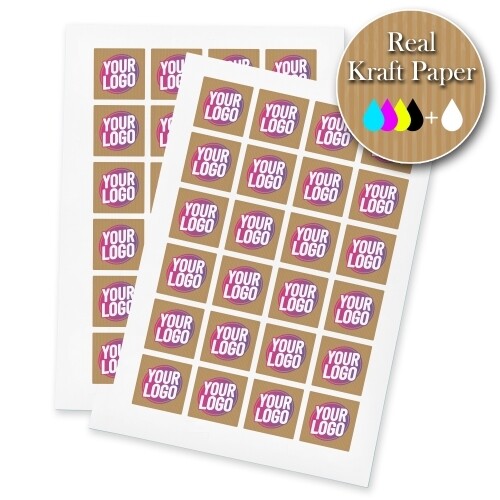 Two sheets of kraft Square label stickers with a custom pink and white logo, made from real kraft paper. The sheets display multiple eco-friendly labels, ideal for personalised branding or packaging.