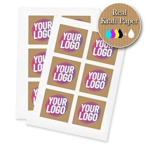 Two sheets of kraft Square label stickers with a custom pink and white logo, made from real kraft paper. The sheets display multiple eco-friendly labels, ideal for personalised branding or packaging.