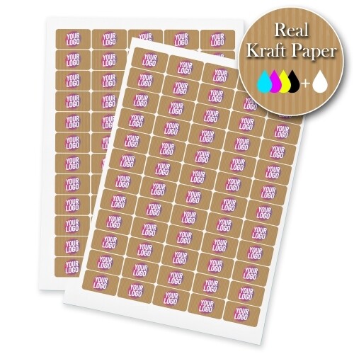 Two sheets of kraft rectangle label stickers with a custom pink and white logo, made from real kraft paper. The sheets display multiple eco-friendly labels, ideal for personalised branding or packaging.