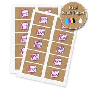 Two sheets of kraft rectangle label stickers with a custom pink and white logo, made from real kraft paper. The sheets display multiple eco-friendly labels, ideal for personalised branding or packaging.