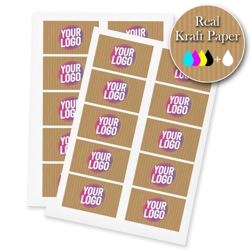 Two sheets of kraft rectangle label stickers with a custom pink and white logo, made from real kraft paper. The sheets display multiple eco-friendly labels, ideal for personalised branding or packaging.