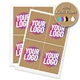 Sheets of rectangular kraft labels printed with a personalised design featuring the text Your Logo in bold pink and white on a brown kraft paper background. A badge in the corner highlights Real Kraft Paper with colour printing options.