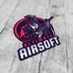 Ultimate Airsoft vinyl sticker featuring a figure in a gas mask holding a rifle, designed in bold red, black, and white colours. The sticker is placed on a weathered wooden surface.