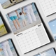 A January 2025 A4 photo calendar page featuring a family holding hands on a sandy beach. The photo shows two adults and a child standing at the water's edge, viewed from behind, with additional calendar pages partially visible.