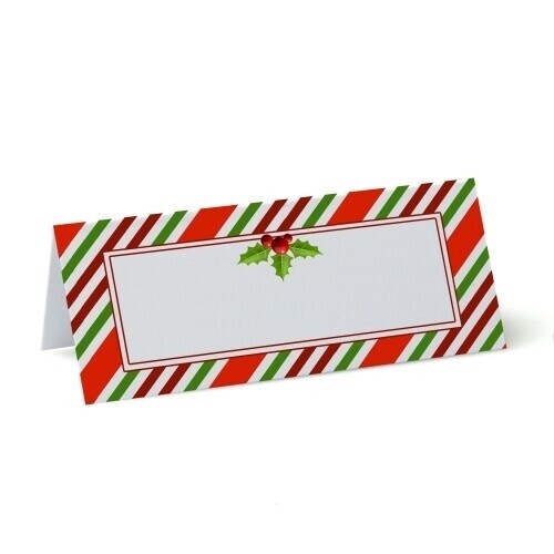 Blank place cards with green, red and white candy stripes with holly