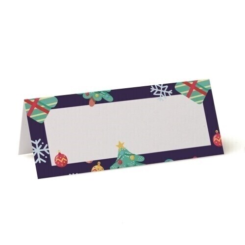 blank christmas place cards with a navy background snowflakes gifts baubles and gingerbread man