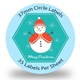 A 37mm round Christmas label featuring a smiling snowman wearing a red hat and cape, set against a teal hexagonal background with snowflakes. The label reads Merry Christmas, and text around the edge indicates 35 labels per sheet.