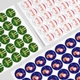 Sheets of personalised Christmas stickers are shown, featuring three designs: green elf legs with the name Kit, a Santa face with the name Lara, and Santa with a reindeer on a blue background with the name Harry. Each design is repeated across the sheets.