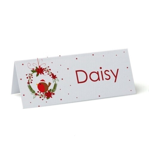 personalised hanging robin christmas place cards on a white card with scattered red stars