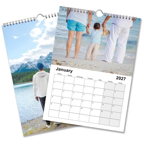 Two personalised A3 wire-bound photo calendars featuring a family beach picture and January 2027 grid.