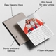 Personalised A3 calendar showing its hanging hook, wire binding, sturdy greyboard backing and 170gsm silk paper.