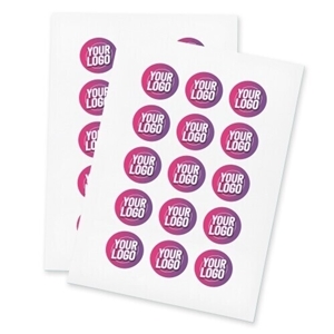 Two sheets of personalised 45mm round stickers featuring a custom logo design in pink and purple. Each sheet contains multiple labels, ideal for branding, packaging, or promotional use. Printed on high-quality adhesive paper.