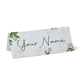 Personalised wedding place card with your name in elegant design on folded white cardstock. Minimalist design, set against a plain white background for a clean and sophisticated look.