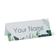 Personalised wedding place card with your name in elegant design on folded white cardstock. Minimalist design, set against a plain white background for a clean and sophisticated look.